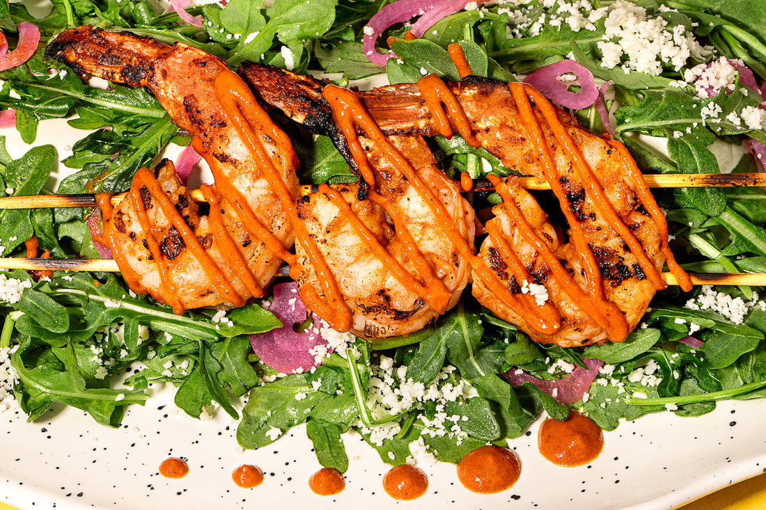 Shrimp Skewers and Arugula Salad